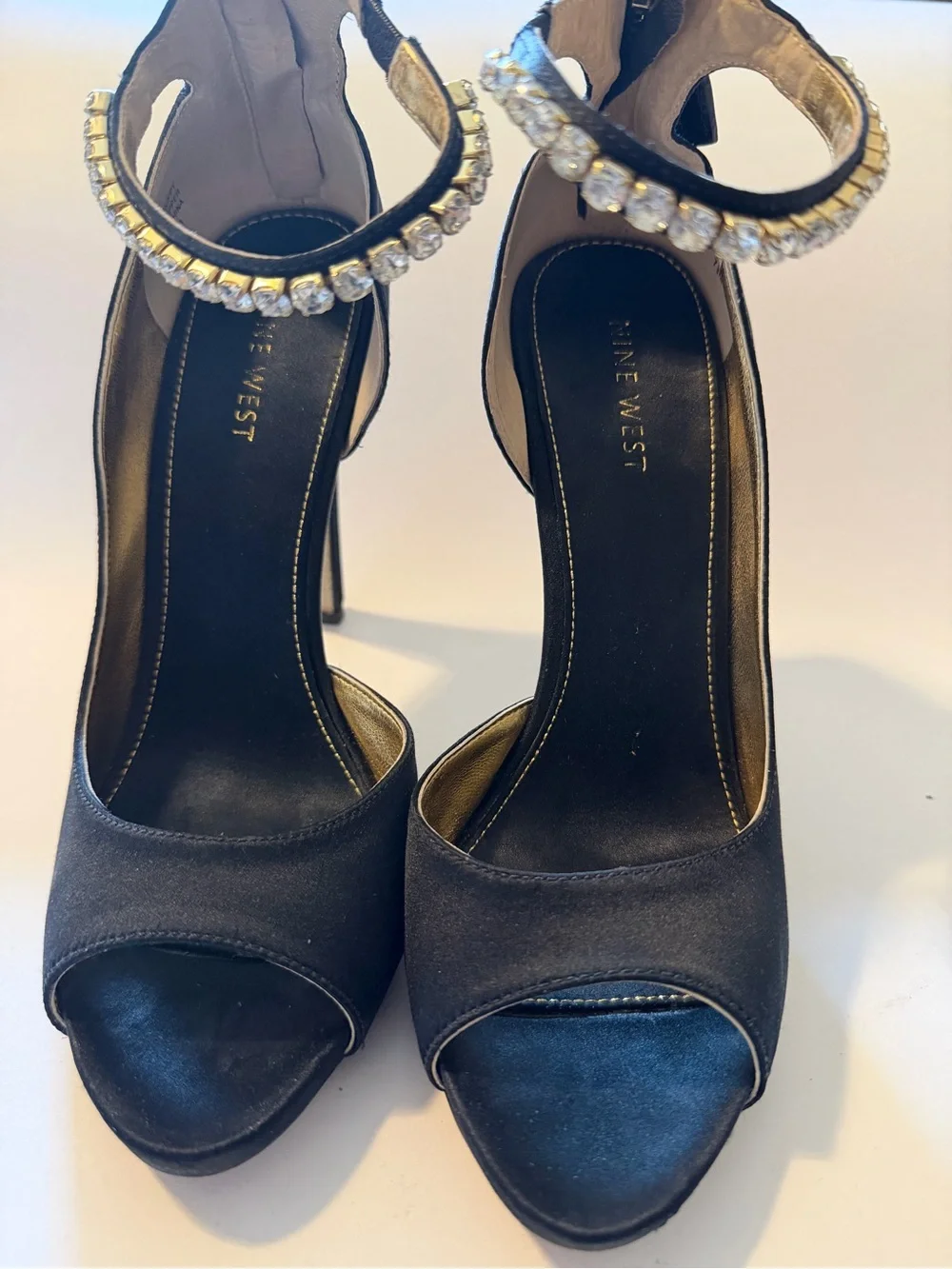 Nine West Satin Black High Heels with Crystal Ankle Strap
